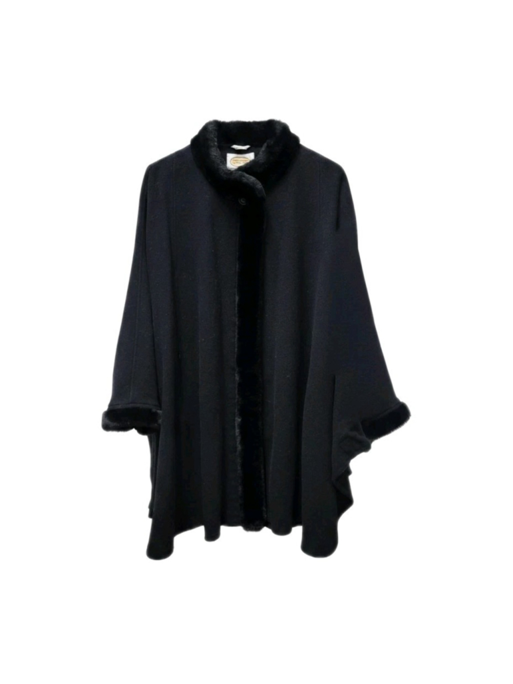 Talbots Women's Black Faux-Fur Trim Zip Pockets Poncho Kimono Overcoat Size L/XL